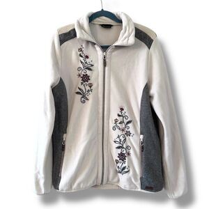 CMP White Gray Fleece Zip-Up Jacket Flower Embroidery Women's Size XL Winter